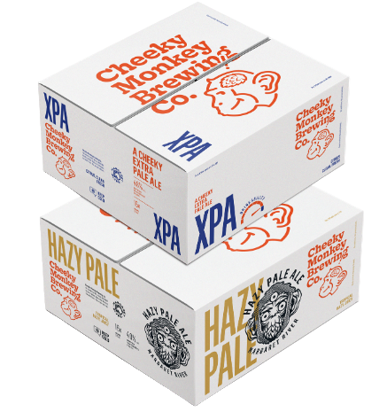 Two boxes of Cheeky Monkey Brewing Co. beer on a white background